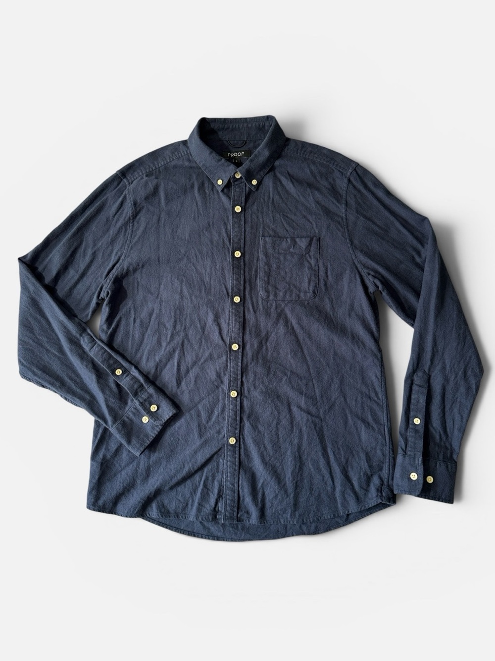 Proof mens L Large navy blue solid cotton flannel button up shirt EUC